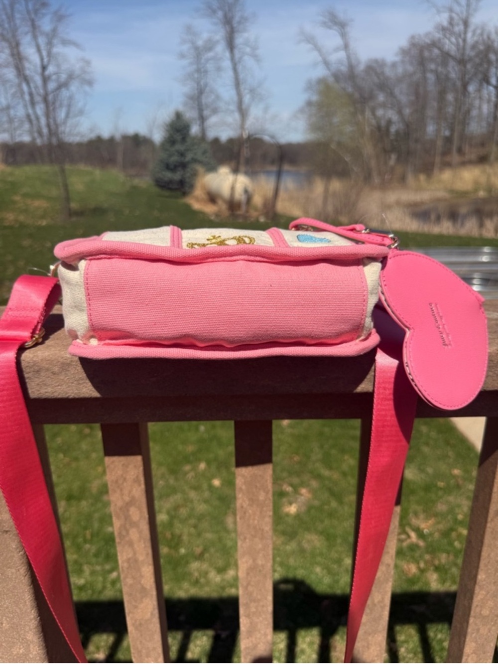 Juicy Couture NWT Embroidered Canvas Crossbody Bag w/Heart Pouch & Charms - Picture 8 of 10